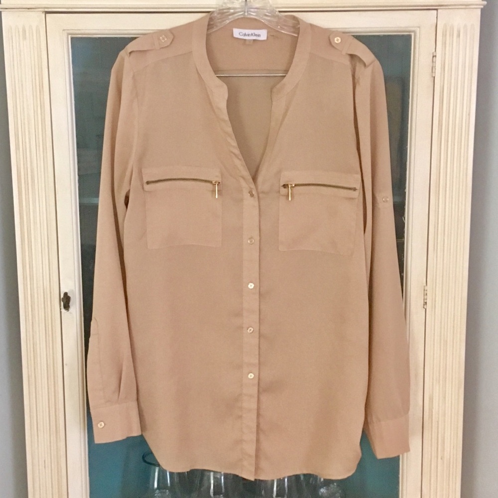 Calvin Klein Flowy Tan and Gold Button Up Blouse